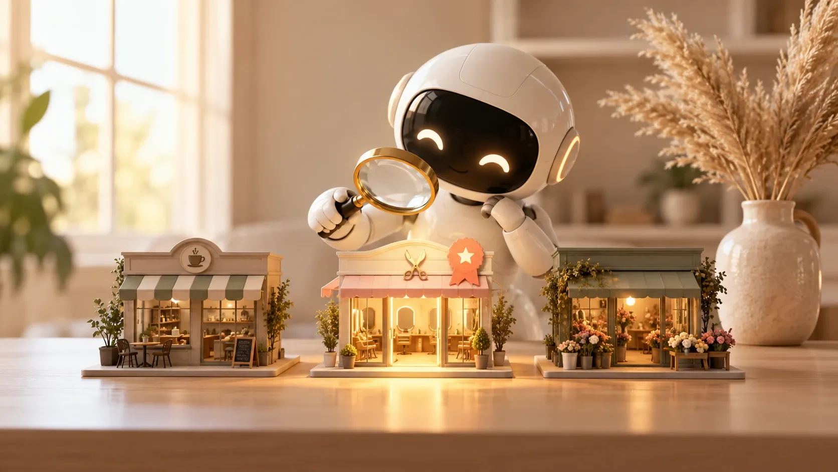 Robot blanco con una lupa eligiendo una peluquería en miniatura iluminada con una insignia de estrella, entre una cafetería y una floristería