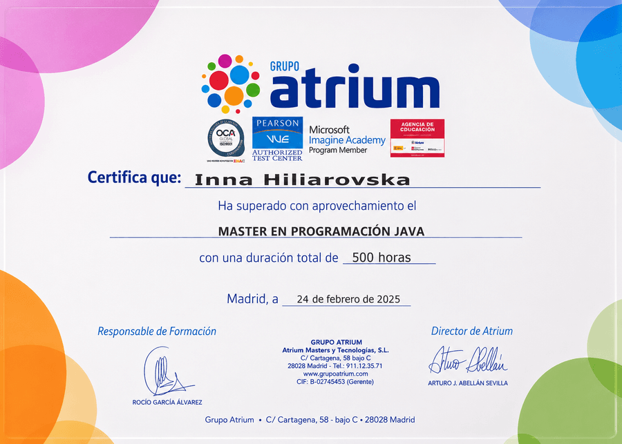 Máster en Programación Java · Grupo Atrium (Madrid)
Programación y desarrollo de software