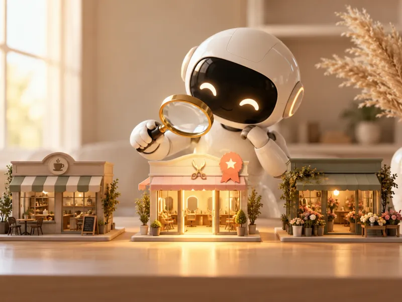 Robot blanco con una lupa eligiendo una peluquería en miniatura iluminada con una insignia de estrella, entre una cafetería y una floristería